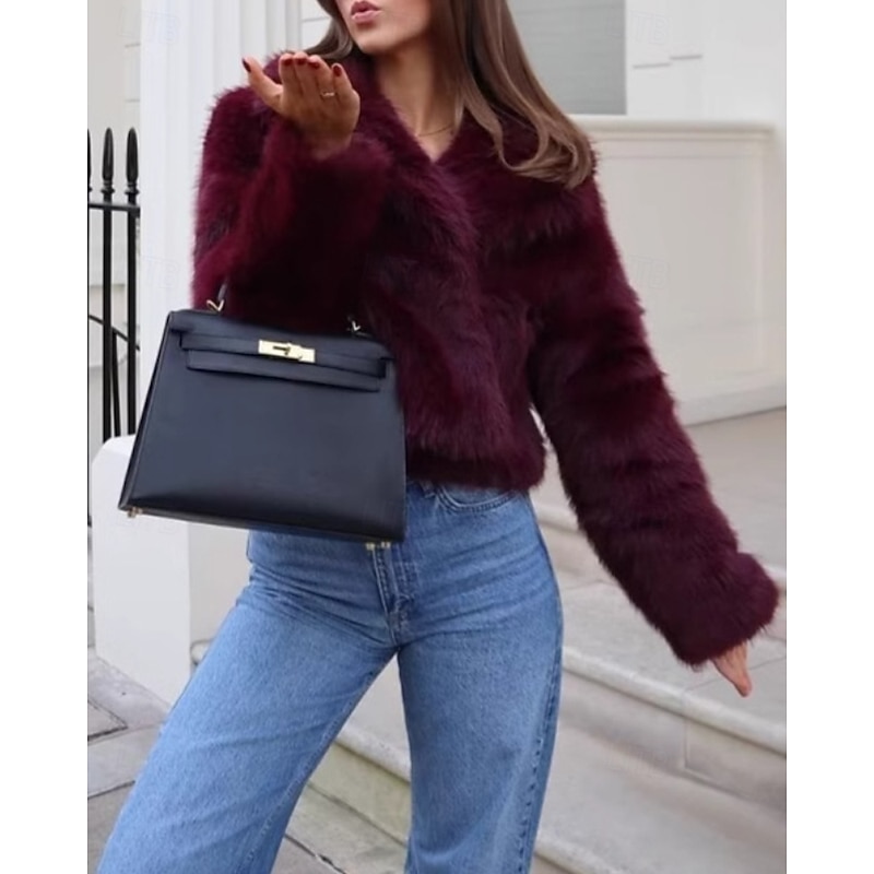 Women's Faux Fur Coat Warm Comfortable Furs & Leathers Casual Plain Vacation Street Daily Wear Weekend Short Turndown Regular Fit Long Sleeve Outerwear Wine Fall Winter2