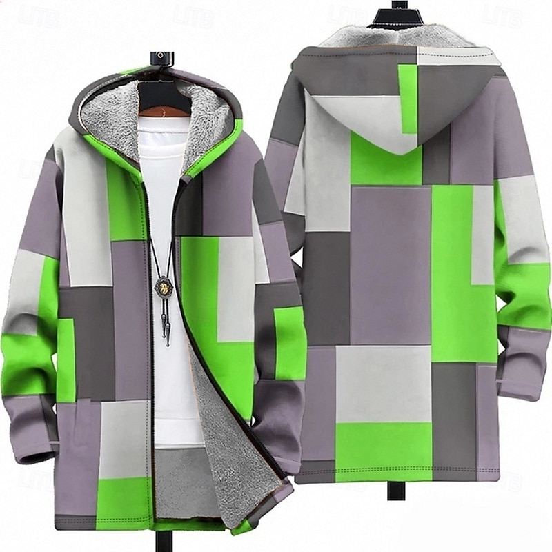 Men Geometic Winter Coat Fleece Jacket Coat Thermal Warm Comfortable Casual Daily Wear Zipper Pocket 3D Print Fall Winter Hooded Long Sleeve Purple Green Dark Blue2