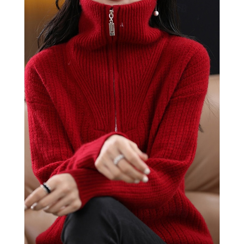 Women's Sweater Pullover Fashion Basic Casual Pure Color Ribbed Half Zip Zipper Knitted Long Sleeve Regular Tops Knit Outdoor Daily Weekend Red Fall Winter3