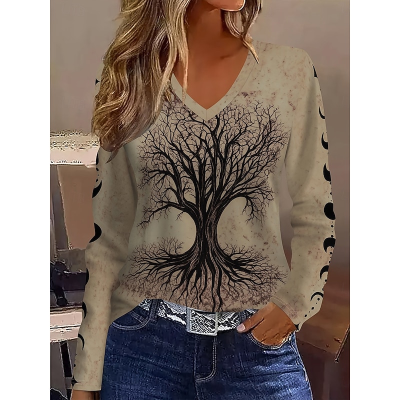 Women's T Shirt Graphic Plants Vintage Stylish Classic Long Sleeve V Neck Regular Tops Daily Print Khaki Spring Fall Winter
