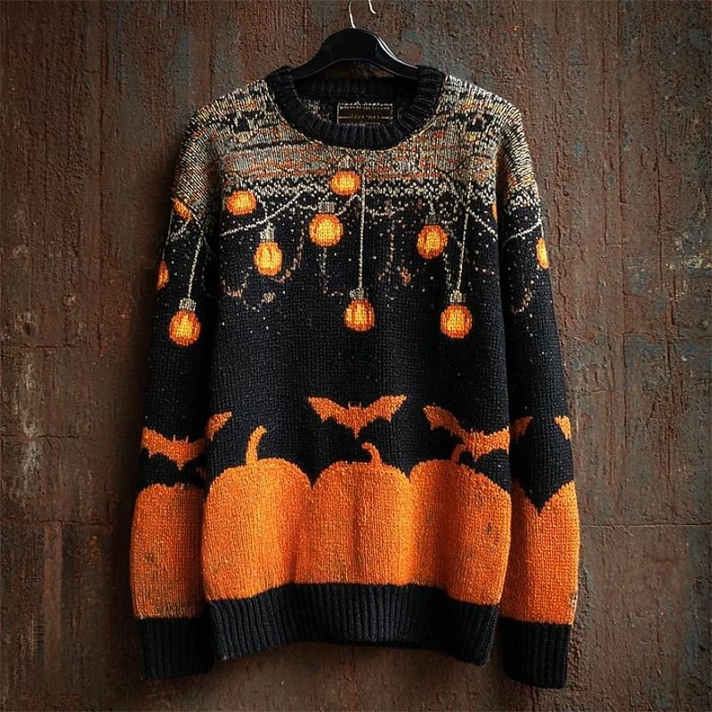 Men's Pullover Sweater Jumper Knit Sweater Ribbed Knit Regular Tops Knitted Print Pumpkin Crew Neck Vintage Halloween Vacation Daily Wear Clothing Apparel Drop Shoulder Fall Winter Pumpkin S M L