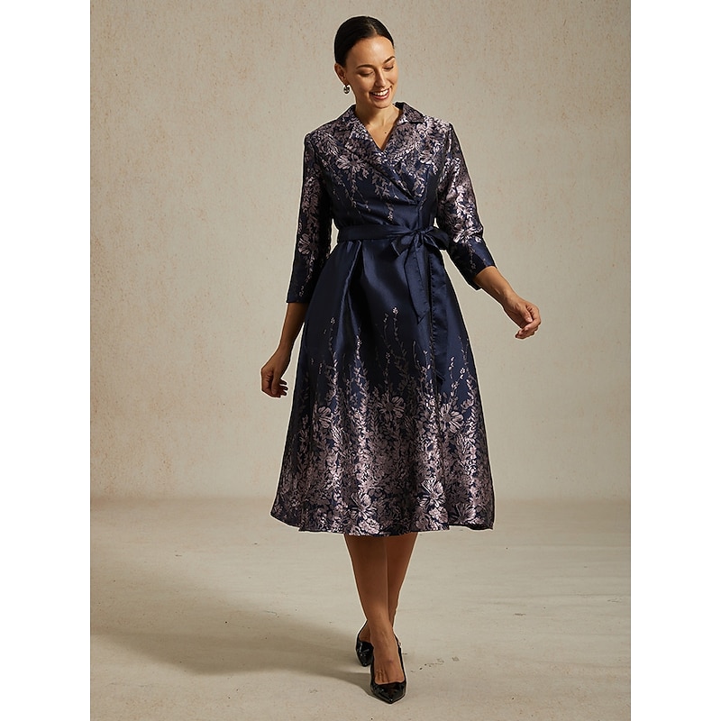 Women's Midi Dress Sheath Dress Elegant Birthday Floral 3/4 Length Sleeve Shirt Collar Navy Blue Summer Spring Fall Winter