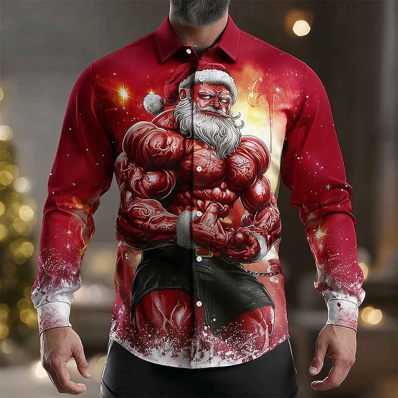 Christmas Men's Muscle Santa Claus Christmas Hats Shirt Button Up Shirt Long Sleeve Funny Outdoor Holiday Spring Fall Turndown 3D Print Collared Shirts Red 1 Red