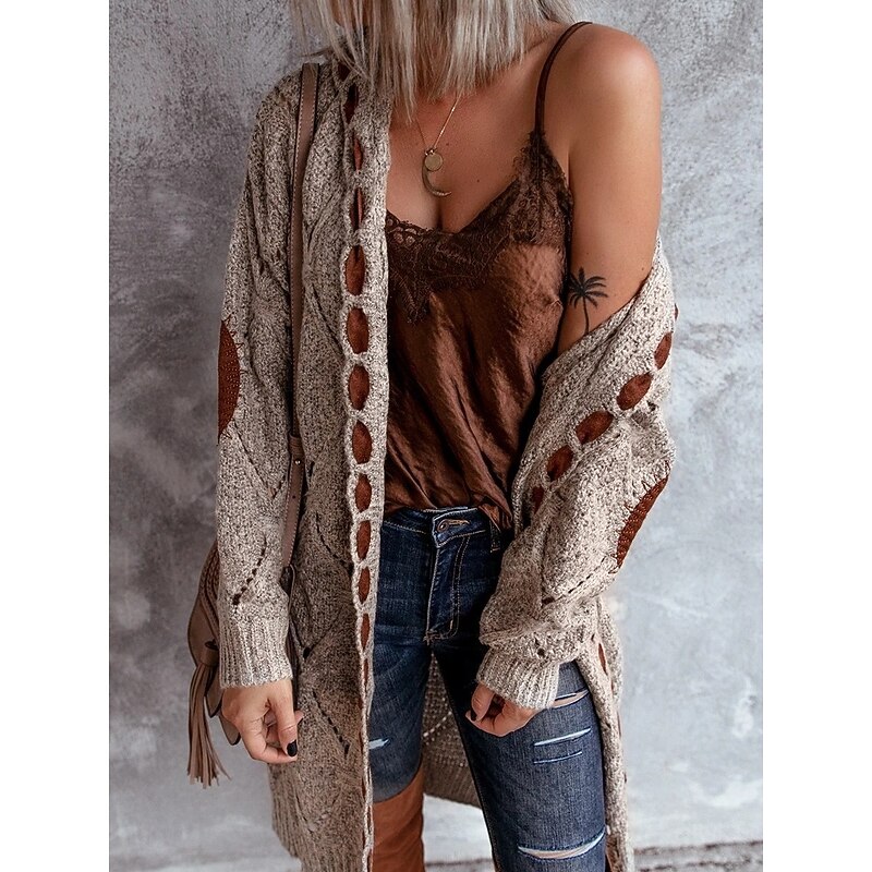 Women's Sweater Cardigan Elegant Fashion Streetwear Color Block Hooded Knitted Long Sleeve Long Tops Knit Outdoor Daily Weekend Khaki Apricot Fall Winter2