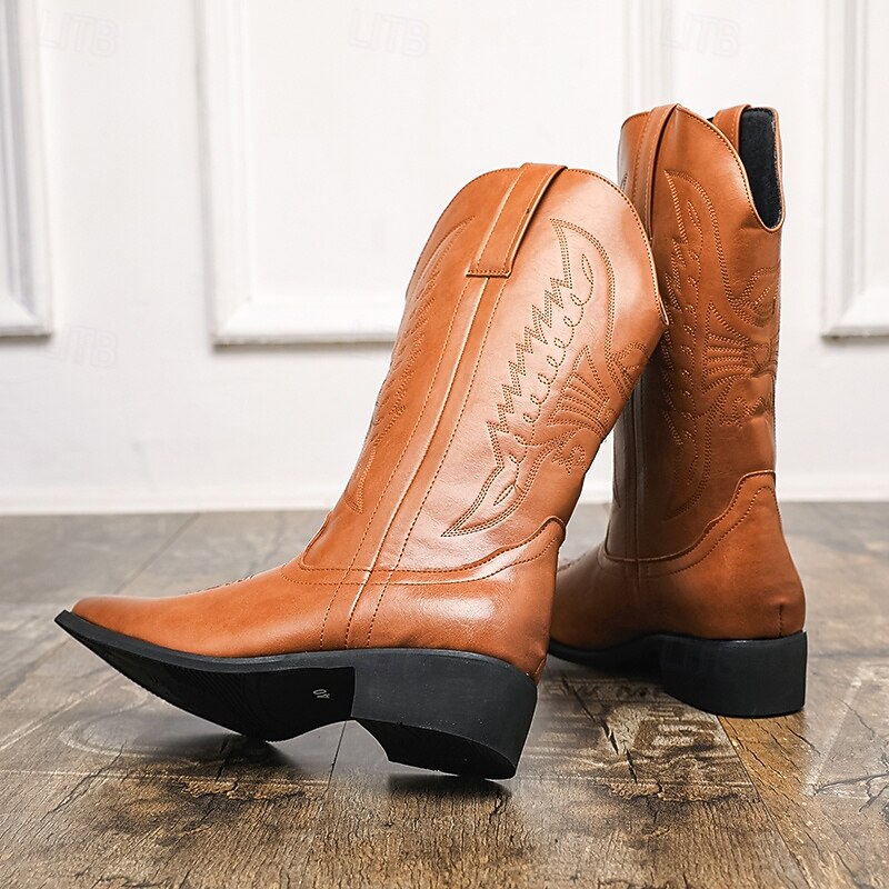 Men's Classic Tan Western Cowboy Boots with Smooth Upper and Pointed Toe, Durable Heel, Comfortable Fit, Traditional Ranch Style Footwear for Rodeo, Horseback Riding, Country Concerts and Outdoor Work3