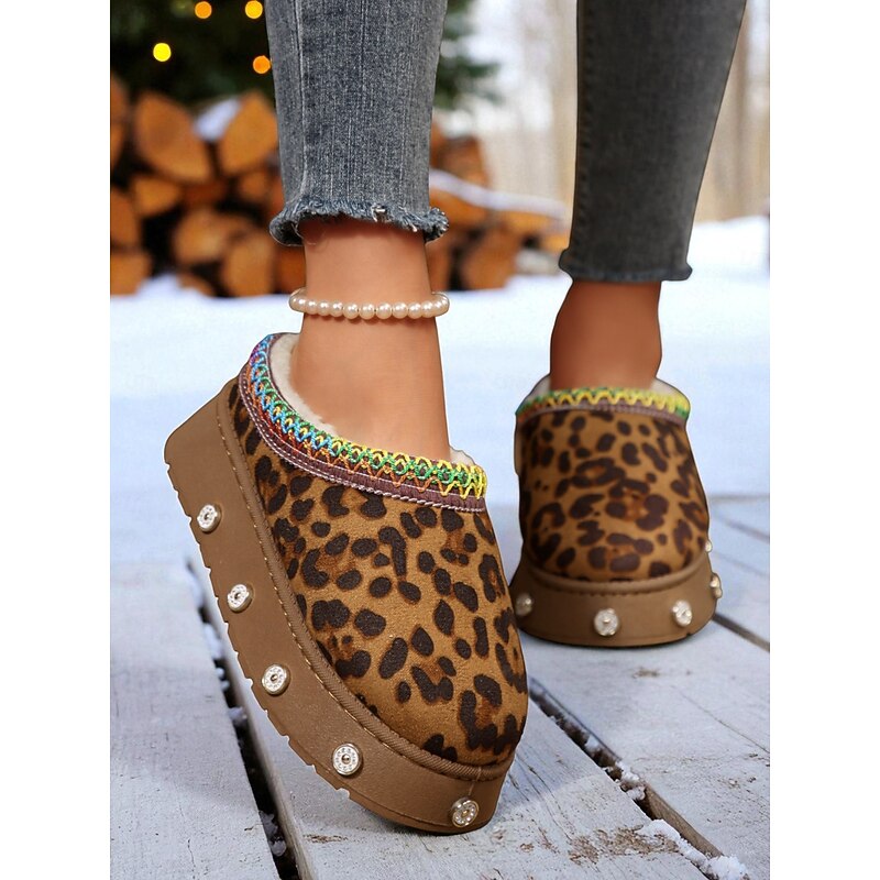 Women's Leopard Print Slip-On Snow Boots with Rhinestone Accents and Plush Interior, Stylish and Comfortable, Perfect for Casual Wear, Shopping and Cozy Weekend Outings3