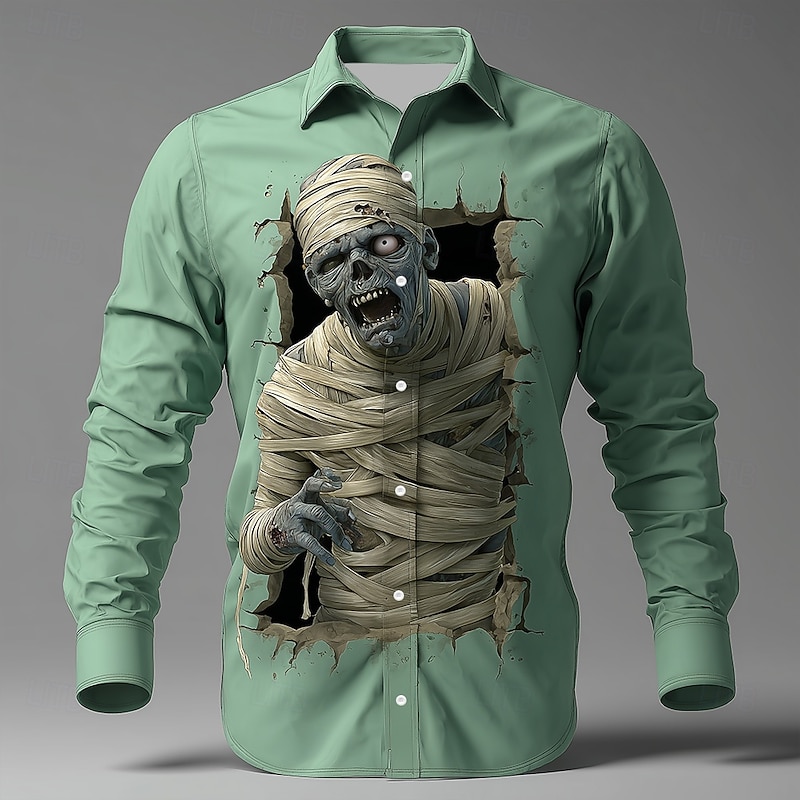 Halloween Men's Zombies Mummy Cracked Wall Shirt Button Up Shirt Long Sleeve Dark Gothic Style Holiday Streetwear Spring Fall Turndown 3D Print Collared Shirts Green 1# Green2