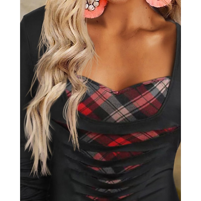 Women's Shirt Blouse Plaid Stylish Basic Casual Long Sleeve V Neck Regular Tops Daily Holiday Print Black Spring Fall2