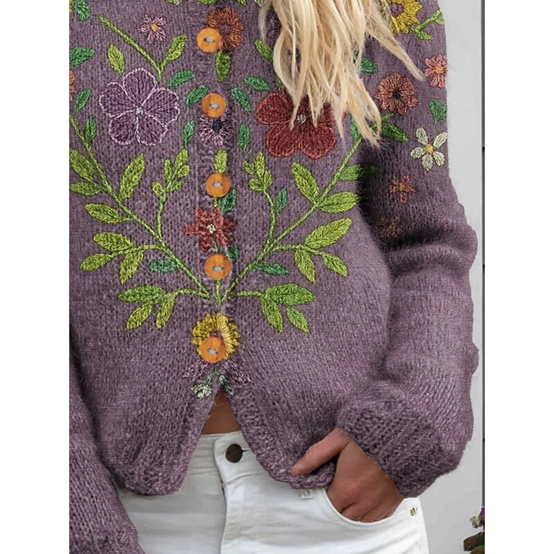 Women's Cardigan Fashion Daily Casual Floral Graphic Ribbed Crew Neck Buttons Print Long Sleeve Regular Tops Knit Outdoor Daily Date Purple Fall Winter3