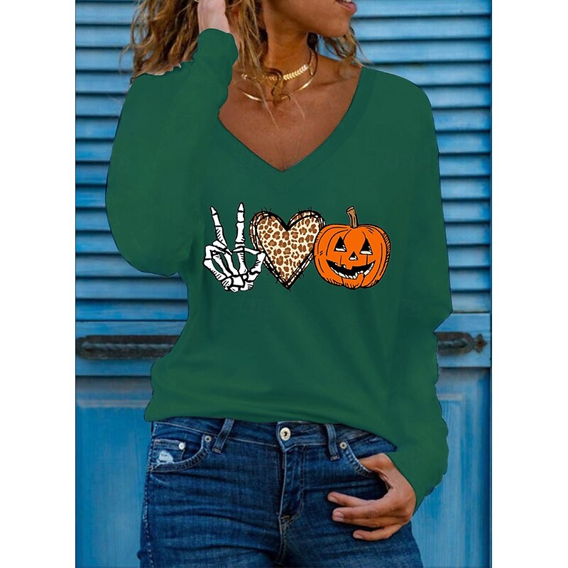 Halloween Women's T Shirt Blouse Halloween Basic Long Sleeve Flutter Sleeve V Neck Regular Tops Daily Sports Patchwork Print Black White Red Dark Green Green Spring Fall Winter3