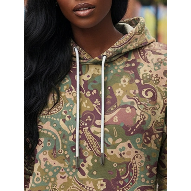 Women's Pullover Hoodies Graphic Paisley Vintage Streetwear Casual Long Sleeve Hooded Regular Tops Dailywear Casual Sports Drawstring Pocket Print Green Spring Fall2