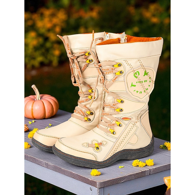 Women's Red Lace-Up Mid-Calf Combat Boots with Fleece Lined, Vintage Farmhouse Style Comfortable Handmade Boots for Casual Outfits & Outdoor Winter Wear