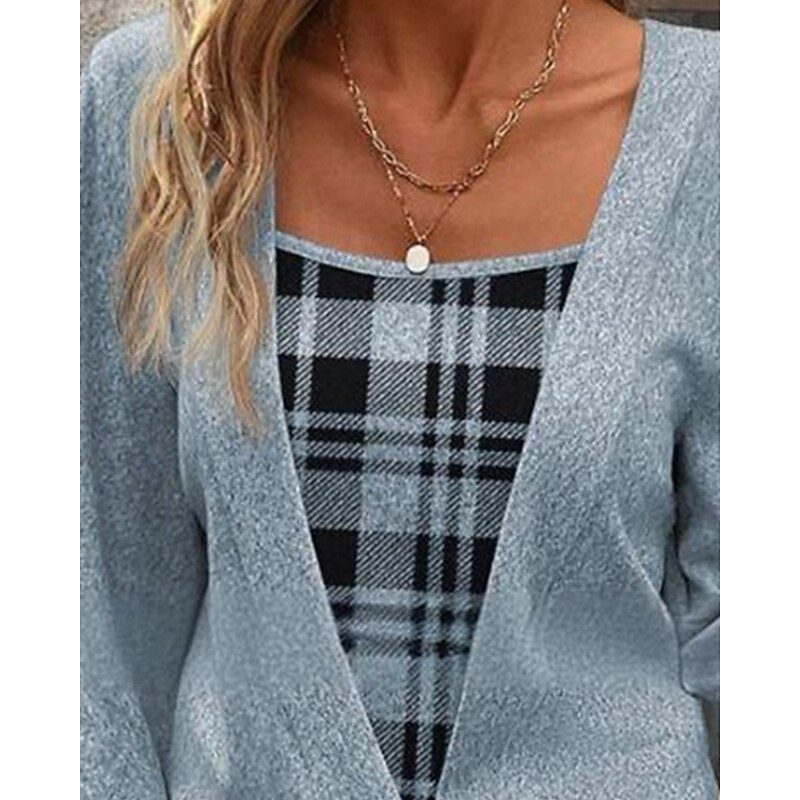Women's Shirt Blouse Plaid Stylish Basic Casual Long Sleeve Square Neck Regular Tops Daily Holiday Print Blue Spring Fall Winter2