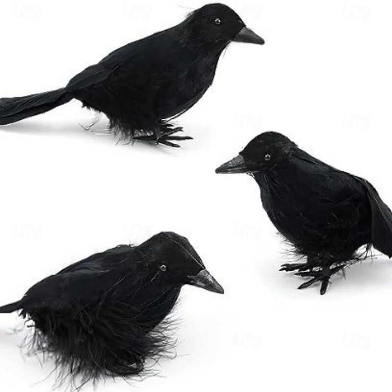 3 Pack Halloween Black Feathered Crows, Black Crows with Real Feather Halloween Decoration for Indoor Outdoor3