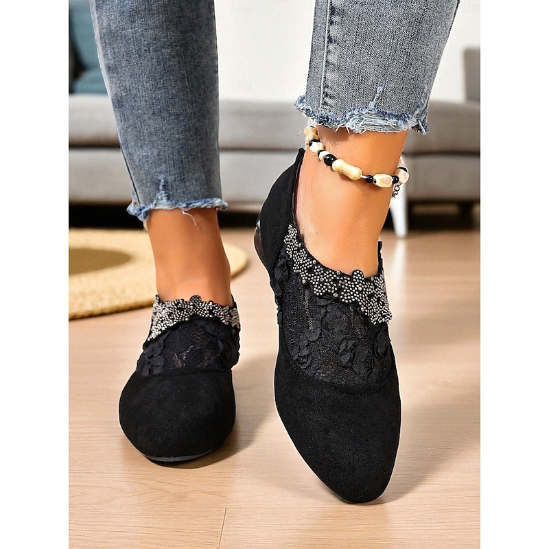 Women's Black Suede Slip-On Shoes with Lace and Rhinestone Detailing - Elegant Low Heel Footwear for Ladies, Perfect for Casual Outfits, Evening Parties & Office Wear3