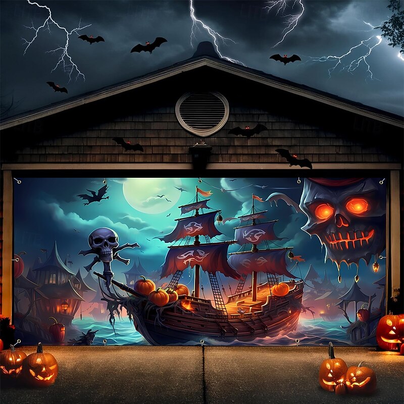 Halloween Tapestry Garage Door Cover Large Hanging Backdrop Skeleton Pirate Ship Fantasy Dark Punk Gothic Style Party Outdoor Shooting Backgrounds Yard Haunted House Home Decor3