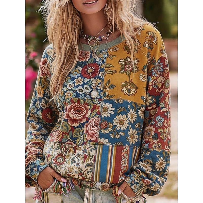 Women's Pullover Sweatshirts Floral Vintage Streetwear Classic Long Sleeve Crew Neck Regular Tops Dailywear Casual Print Blue Spring Fall