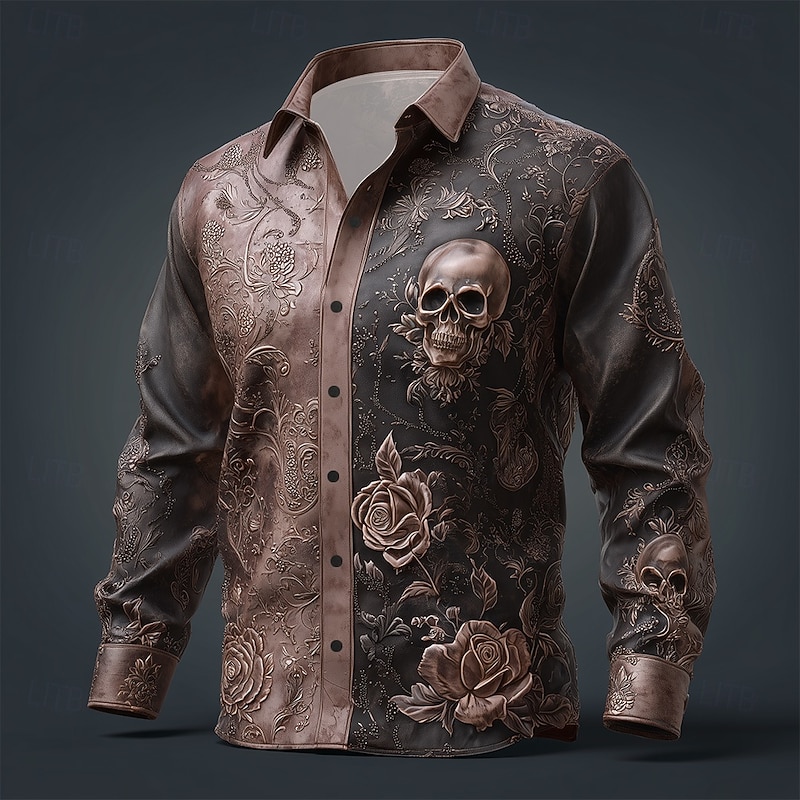 Men's Skull Floral Print Day of the Dead Shirt Button Up Shirt Long Sleeve Vintage Retro Dark Gothic Style Outdoor Holiday Spring Fall Turndown 3D Print Linen Like Shirt Brown