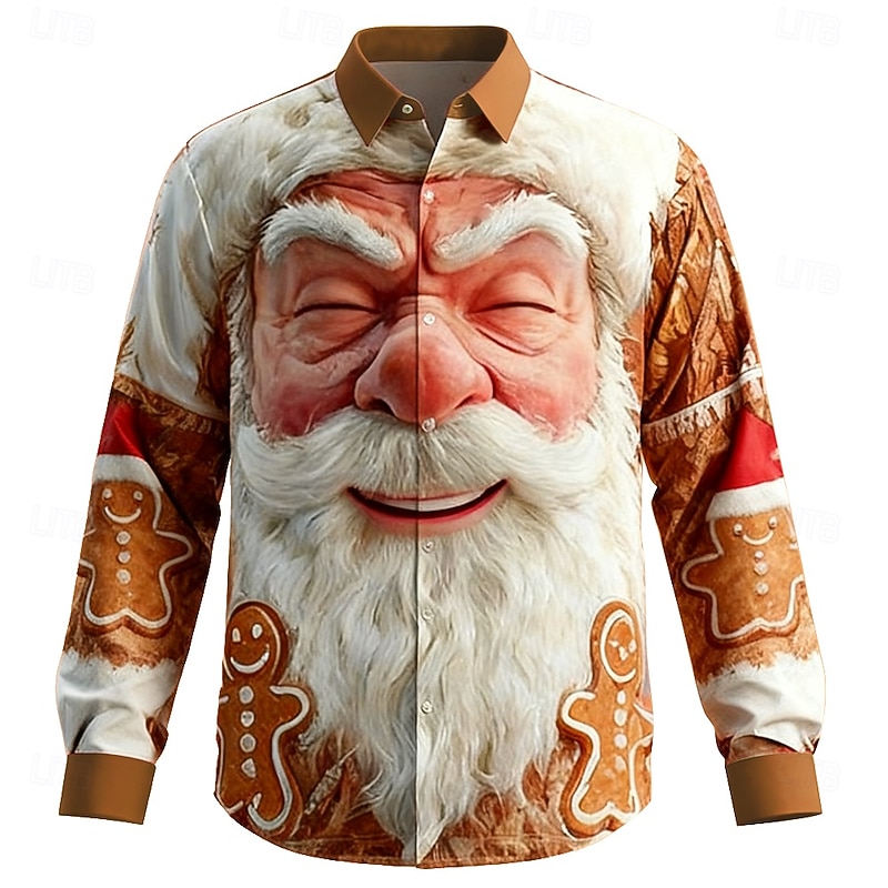 Christmas Men's Santa Claus Smile Face funny christmas Shirt Button Up Shirt Long Sleeve Funny Outdoor Holiday Spring Fall Turndown 3D Print Collared Shirts Khaki Khaki / White2