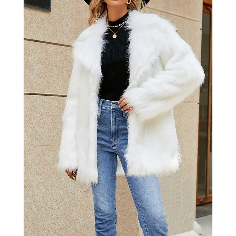 Women's Coat Faux Fur Coat Warm Comfortable Furs & Leathers Fashion Plain Vacation Street Going out Weekend Long Turndown Regular Fit Long Sleeve Outerwear White Fall Winter2