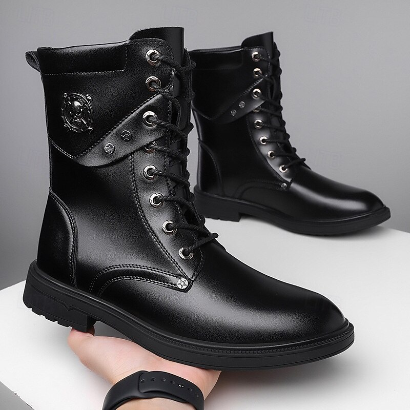 Men's Black Combat Boots Lace-Up Gothic Ankle Boots with Skull Patch Design for Halloween Parties, Haunted House Events and Cosplay Costumes3
