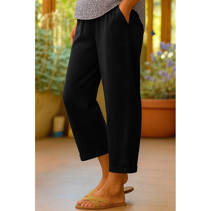 Women's Cotton Pants Vacation Vintage Ethnic Style Ankle-Length High Waist Plain Comfy Breathability Soft Micro-elastic Army Green Dark red Black White Summer Spring Loose Fit2