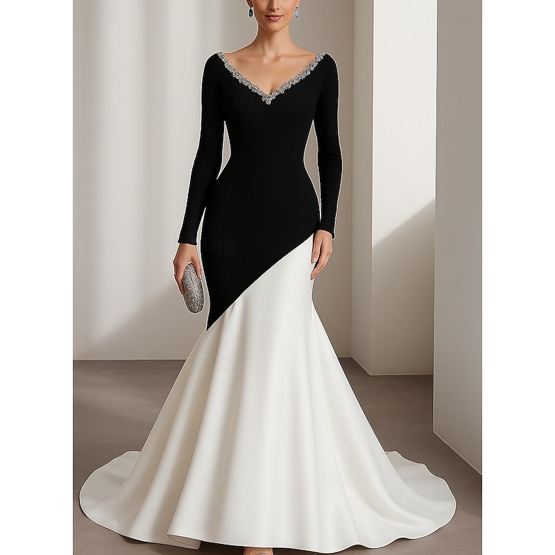 Black White Mermaid / Trumpet Evening Gown Elegant Formal Dress Formal Wedding Floor Length Long Sleeve V Neck Stretch Crepe with Pleats Crystals Beading 20254