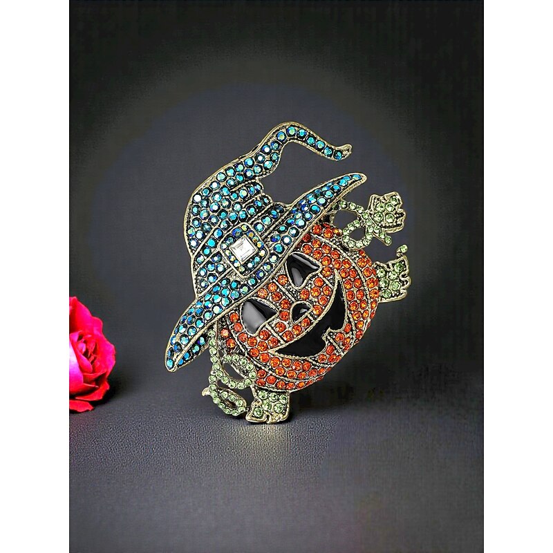 Women's Halloween Pumpkin Witch Hat Brooch - Sparkly Rhinestone Pin Badge for Costume Party and Festive Accessories4