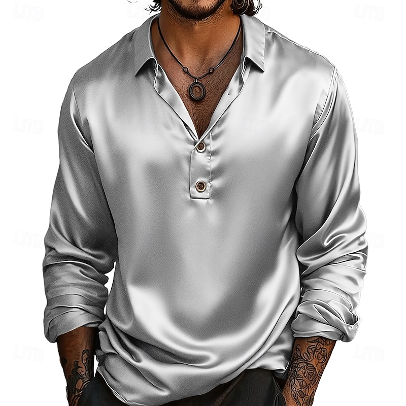 Men's Shirt Satin Shirt Casual Shirt Button Up Shirt Black Blue Gold Gray Long Sleeve Plain Lapel Outdoor Vacation Button-Down Clothing Apparel Elegant Fashion Business Pullover2
