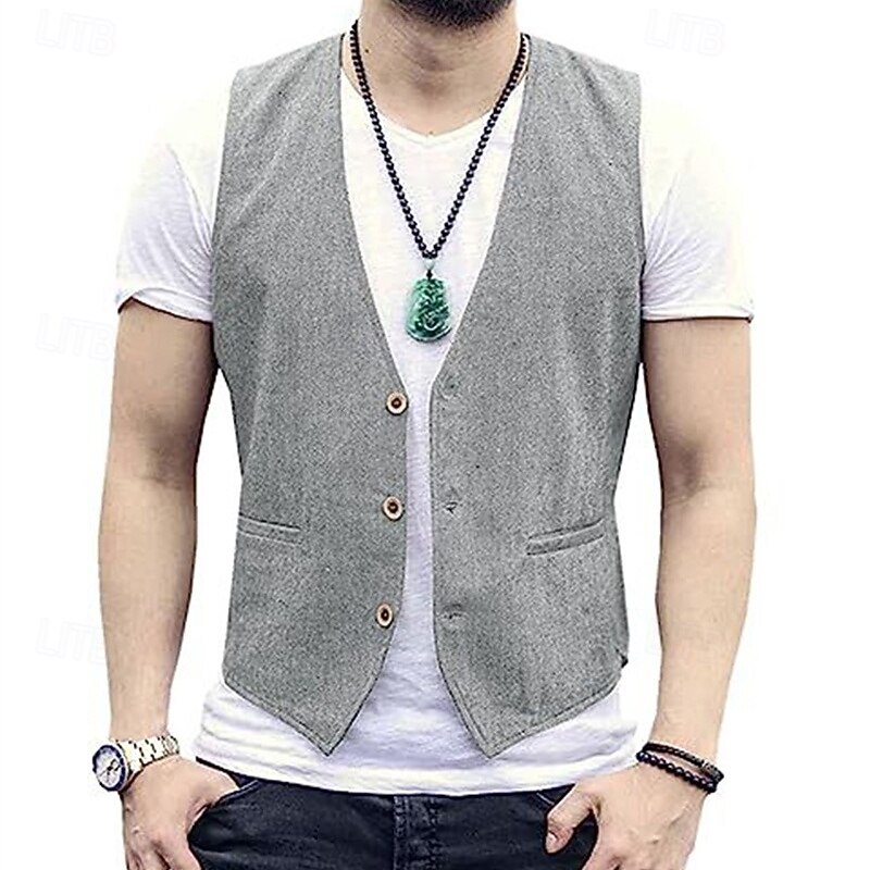 Men's Vest Waistcoat Gilet Linen Vest Vacation Party Business Fashion Casual Spring Fall Pocket Buttons Linen Cotton Blend Comfortable Plain Single Breasted One-button V Neck Regular Fit Black White4