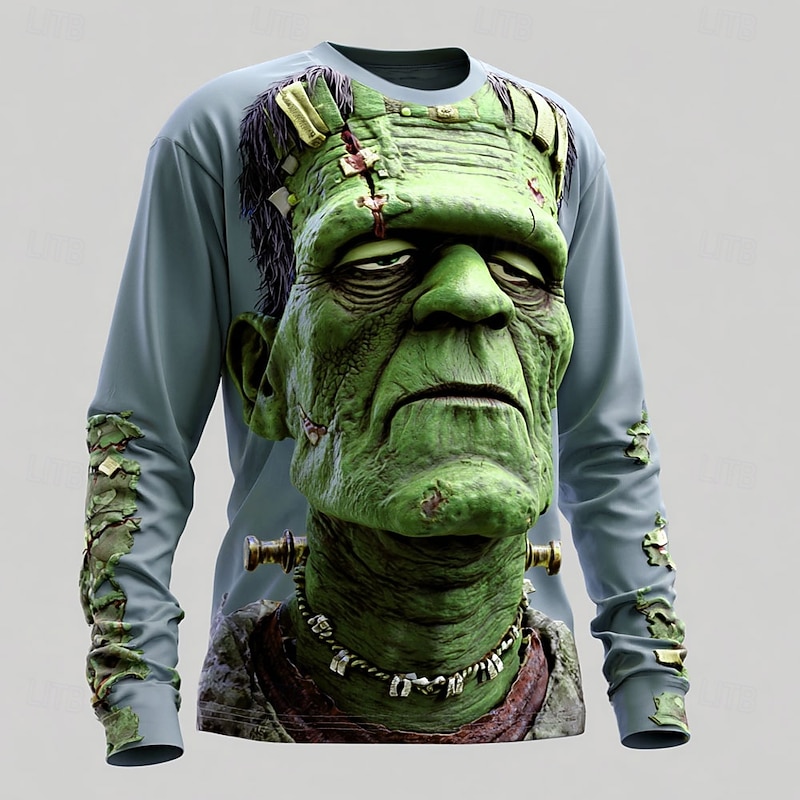 Halloween Men's Zombies 3D T Shirt Long Sleeve T shirt 3D Print Crew Neck Shirt Fashion Exaggerated Street Casual Daily Green 1# Green 2# Green 3# Summer Spring Fall Clothing Apparel S M L XL XXL XXXL3