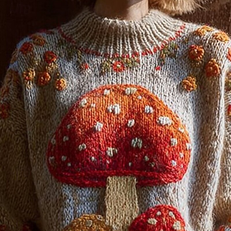 Women's Sweater Vintage Sweater Daily Casual Graphic Ribbed Crew Neck Knitted Print Long Sleeve Regular Tops Knit Outdoor Weekend Red Fall Winter2