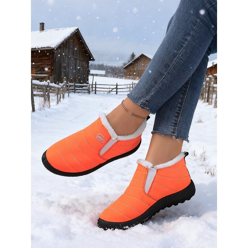 Women's Orange Waterproof Snow Boots with Warm Plush Lining, Lightweight Slip-On Winter Shoes for Outdoor Cold Weather & Halloween Style3