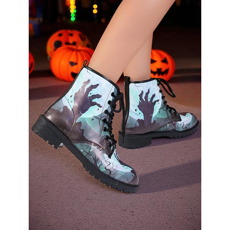 Women's Halloween Zombie Hand Print Lace-Up Combat Boots – Faux Leather Mid-Calf Shoes for Costume Party and Night Out4
