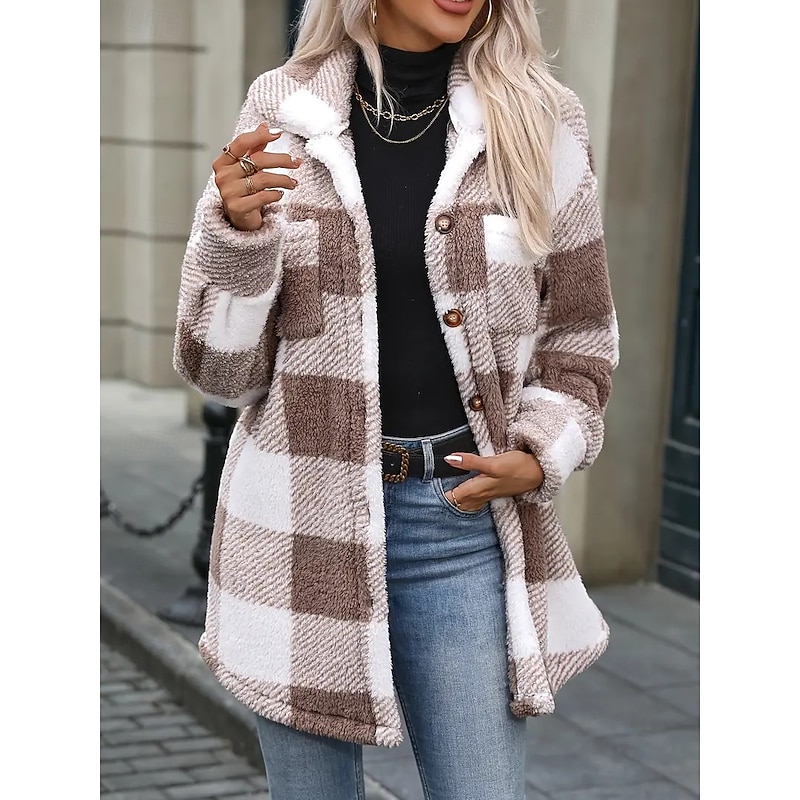 Women's Sherpa Jacket Comfortable Breathable Buttons Elegant Casual Plaid Vacation Street Casual Daily Wear Single Breasted Regular Turndown Regular Fit Long Sleeve Outerwear Black Khaki Spring Fall