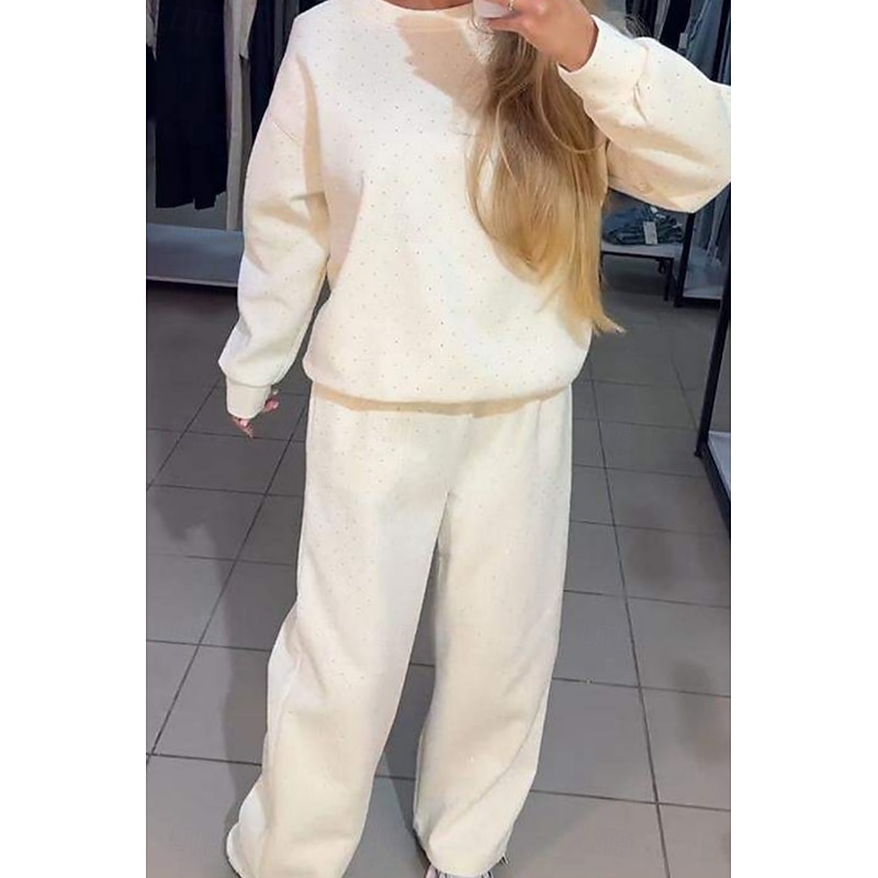 Women's Fashion Streetwear Pants Sets Bolero Top Long Sleeve Crew Neck Solid Color Sequins Outdoor Work Casual Black White Blue Fall Loose Fit2