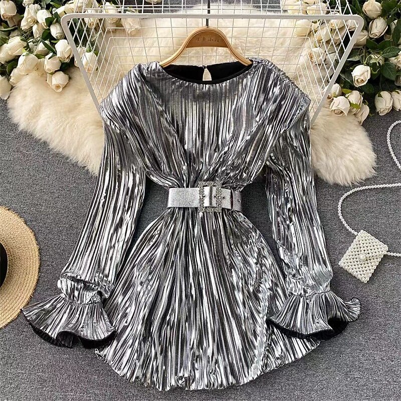 Women's Midi Dress Sequin Dress Elegant Fashion Modern Outdoor Party Daily Regular Fit Plain Long Sleeve Crew Neck Silver Spring Autumn3