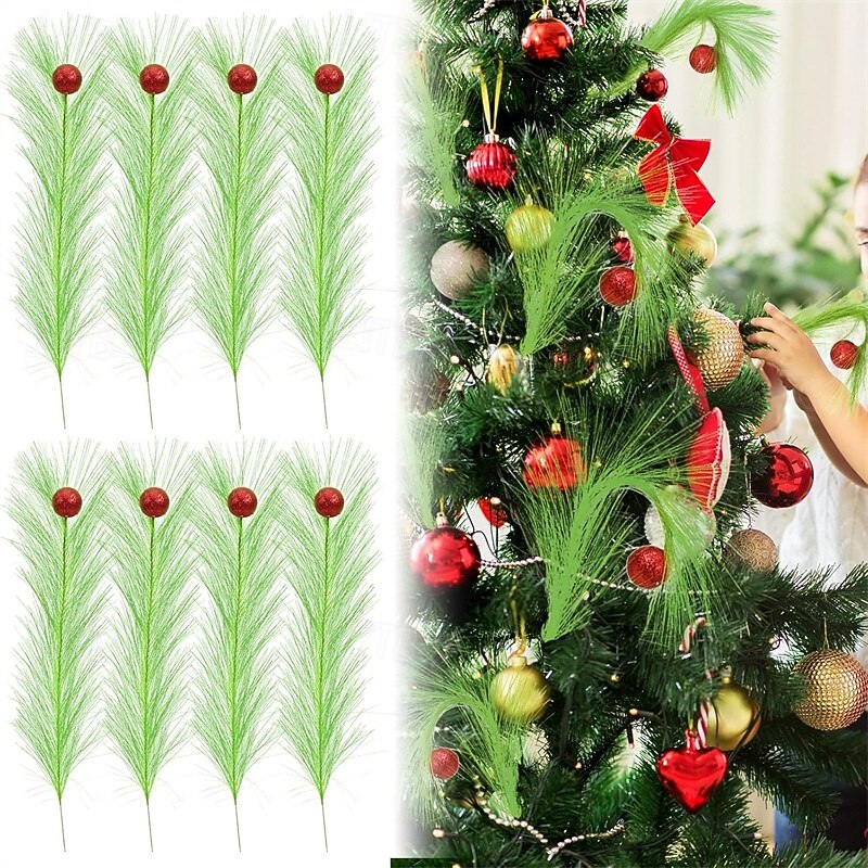 8 Pack Christmas Tree Branches, Green Elf Holiday Decorations, Tree Topper Accents, Home and Office Wreath Craft Decor, Festive Xmas Party Ornaments