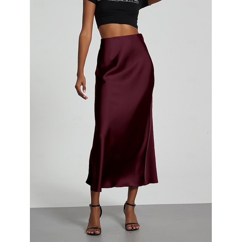 Women's Skirt Bodycon Elegant Fashion Midi High Waist Skirts Plain Micro-elastic Party Street Black Wine Khaki Dark Grey Spring Satin Polyester4
