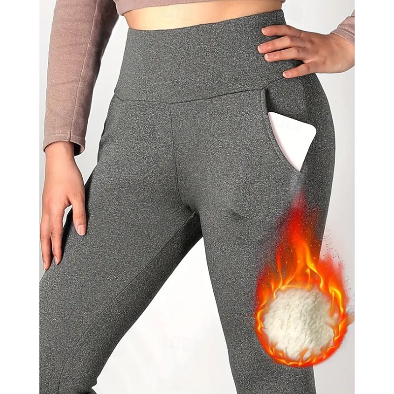 Women's Chinos Leggings Cozy Fleece Lined Casual Full Length Medium Waist Plain Pocket Elastic Waist Warm Comfortable Stretchy Outdoor Vacation Daily Wear Black Grey Light Gray Dark-Gray Fall Winter4