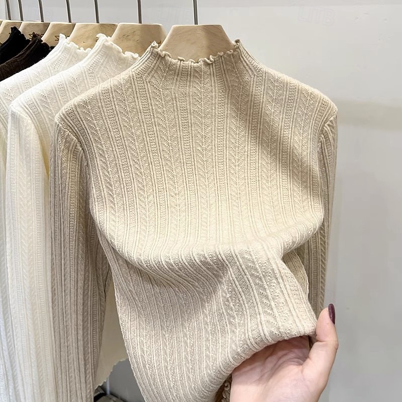 Women's Sweater Pullover Streetwear Casual Solid Color Stand Collar Knitted Long Sleeve Regular Tops Knit Daily Holiday Weekend Black White Fall Winter3
