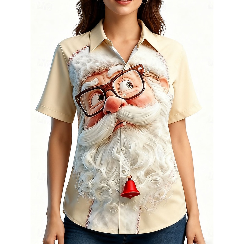 Christmas Women's Shirt Graphic Santa Claus Vintage Tropical Daily Short Sleeve Shirt Collar Regular Tops Daily Pink Red Green Beige Summer Fall2