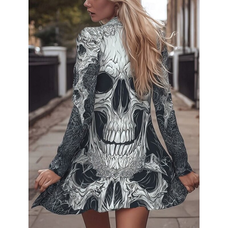 Halloween Women's Coat Lightweight Comfortable Skulls Print Vintage Artistic Casual Skull Casual Short Collarless Regular Fit Long Sleeve Outerwear Black Light Grey Dark Grey Spring Fall2