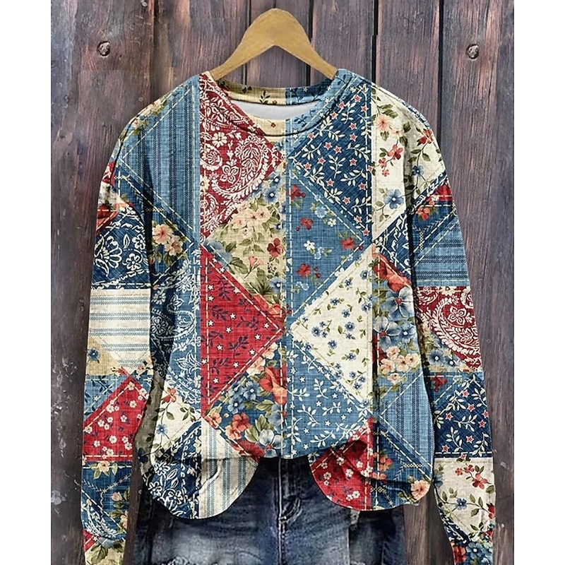 Women's Pullover Sweatshirt Floral Graphic Fashion Casual Long Sleeve Crew Neck Regular Tops Street Dailywear Casual Patchwork Print Black Blue Dark Green Brown Fall Winter2