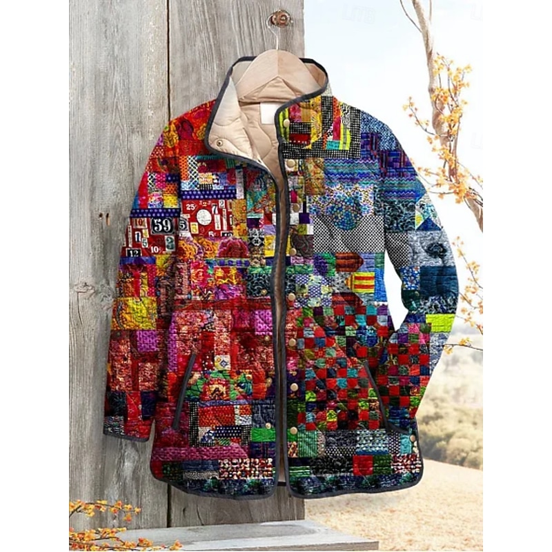 Women's Winter Jacket Puffer Jacket Warm Comfortable Pocket Buttons Print Fashion Daily Outdoor Plaid Vacation Casual Daily Single Breasted Regular Stand Collar Regular Fit Long Sleeve Outerwear2