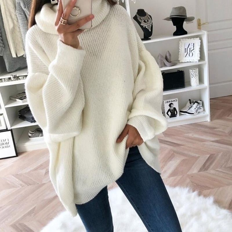 Women's Sweater Pullover Streetwear Casual Solid Color Turtleneck Knitted Long Sleeve Regular Tops Knit Daily Holiday Going out Black White Fall Winter