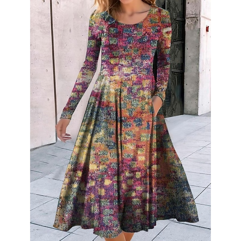 Women's Midi Dress A Line Dress Casual Daily Regular Fit Floral Geometric Long Sleeve Crew Neck Black Red Blue Purple Spring Fall2