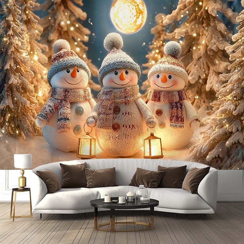 Christmas Wall Tapestry Backdrop, Golden Glowing Snowman Family with Lights and Tree, 2025 Xmas Winter Wonderland Holiday Wall Hanging for Bedroom Living Room2