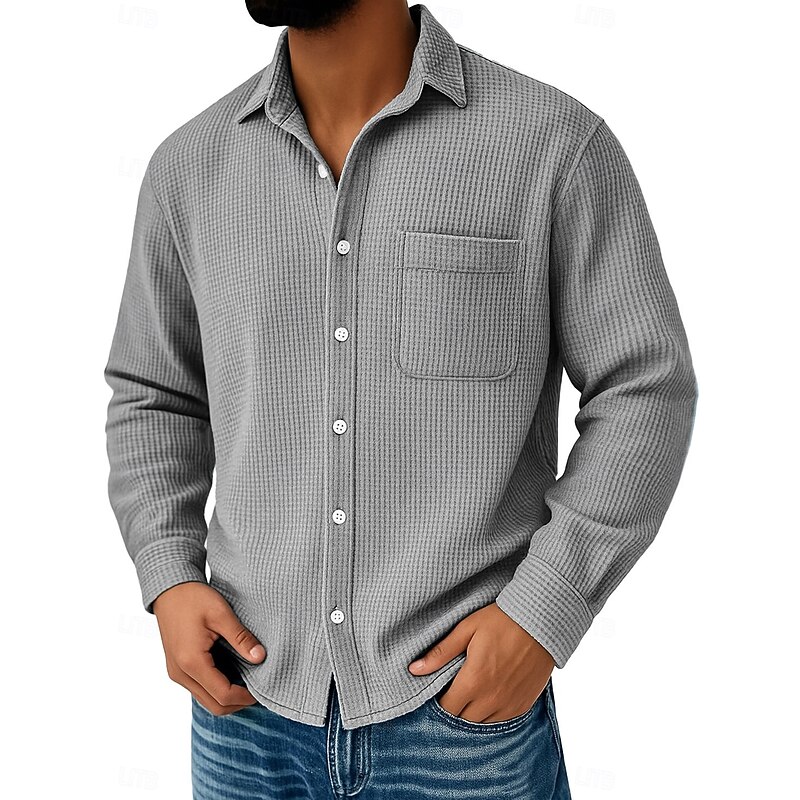 Men's Waffle Shirt Casual Shirt Button Up Shirt Waffle Knit Shirt Black White Wine Navy Blue Blue Long Sleeve Plain Turndown Casual Daily Pocket Clothing Apparel Knitwear Fashion Streetwear Modern2