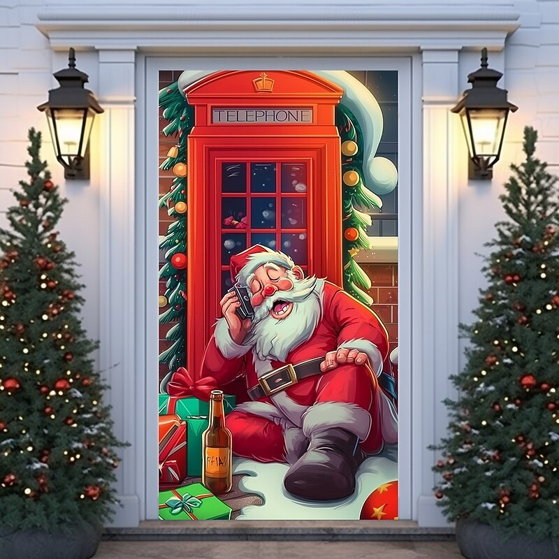 Christmas Door Cover Holiday Curtain Decoration Winter Theme Drapes Featuring Santa Claus And Phone Booth Print Large Fabric Panel Festive Home Decor For Living Room Bedroom Entryway Celebration4
